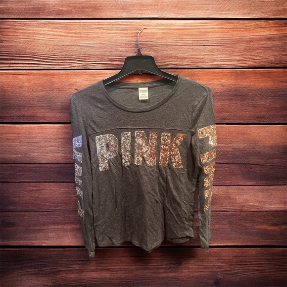 PINK Victoria's Secret Tops - Victoria’s Secret Pink Sweatshirt Sequin Spelled Out Sleeve Size M